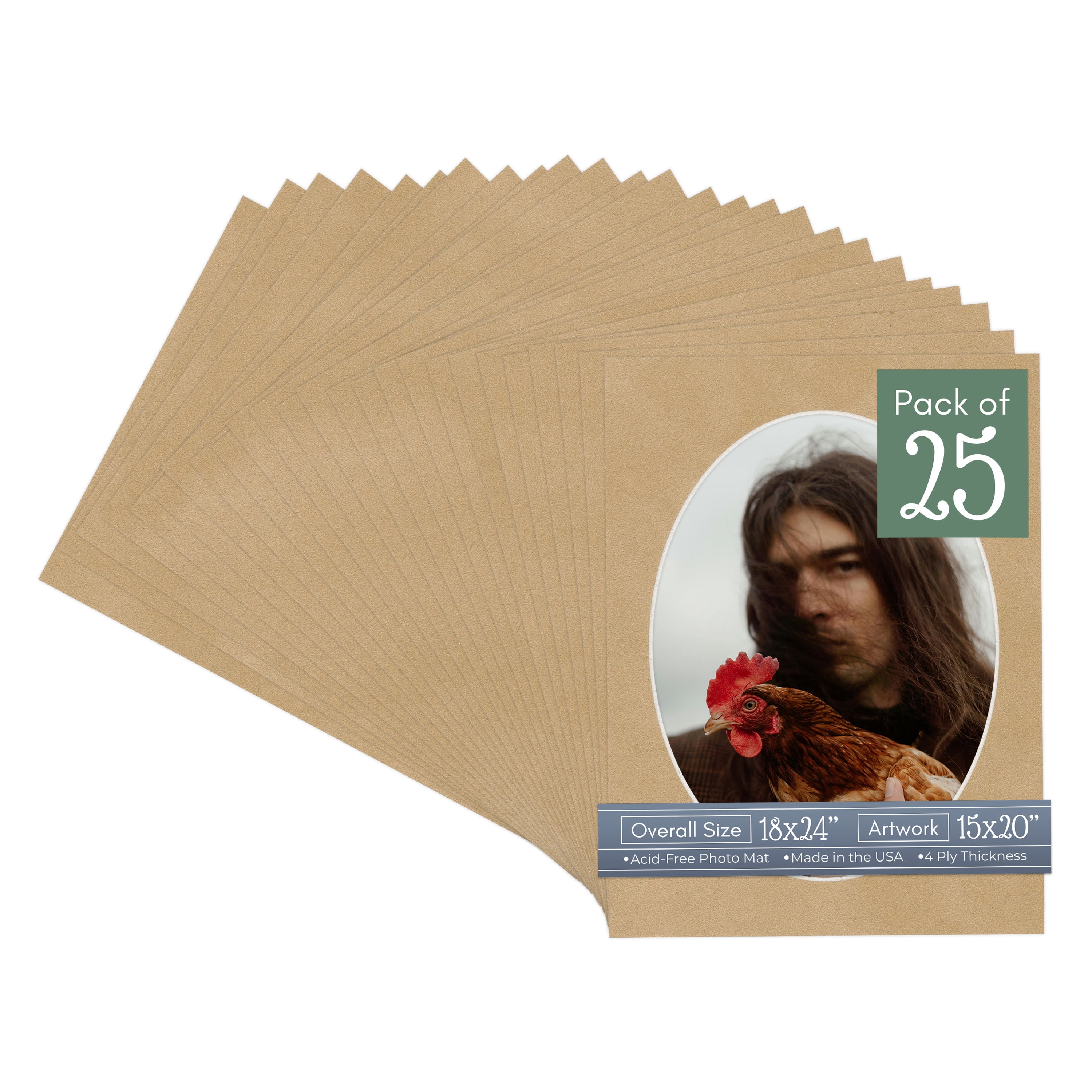 Beige Suede Picture Frame Mat for 18x24 Frames - Oval Opening for 15x20 Photos - 25 Mats