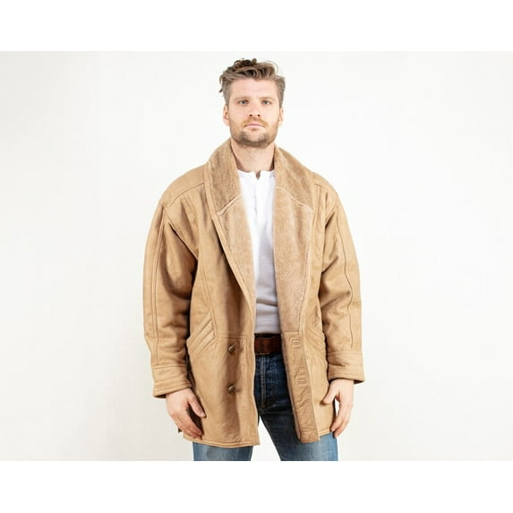 Beige Suede Sheepskin Shirt Coat Men suede coat western coat winter faux shearling jacket vintage clothing coat
