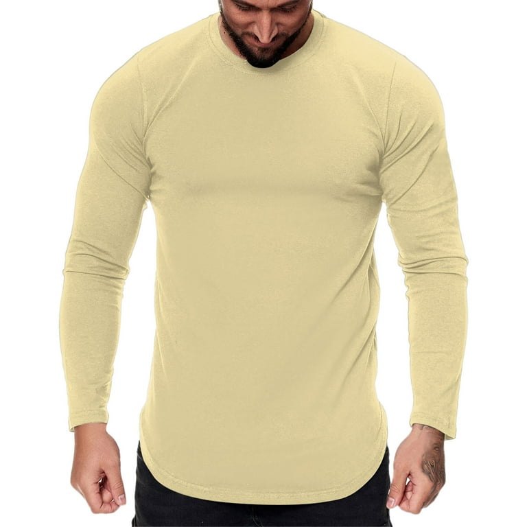Beige Summer Long Sleeve Crewneck Gym Spandex T Shirts Mens Fashion Casual  Sports Fitness Outdoor Curved Hem Solid Color Round Neck Shirt Top