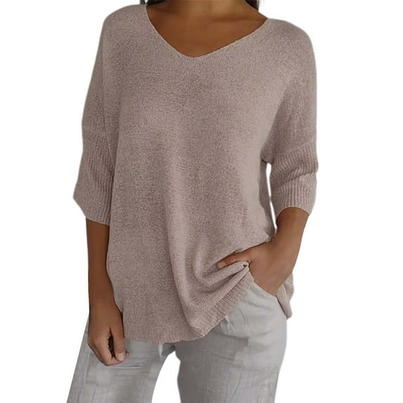 Beige Summer Outfits for Women 2024, 3/4 Sleeve Womens Short Sleeve Tunic Tops, Weekend Cotton Country Concert Tops, Womens Short Sleeve Sweaters Tops V Neck Pullover Knit Shirts Loose Blouses
