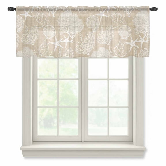 Beige Summer Sheer Valances for Windows, Sea Turtle Starfish Coral Ocean Retro Linen Semi Sheer Kitchen Valance Rod Pocket Small Voile Window Curtains for Living Room Bedroom 54 x 18 Inch