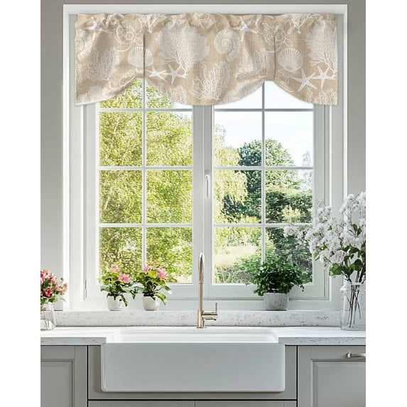 Beige Summer Tie Up Valances Curtain, Adjustable Kitchen Sea Turtle Starfish Coral Ocean Retro Linen Valances for Windows Decor, Rod Pocket Short Curtains Set for Bedroom/Bathroom, 54"x18"