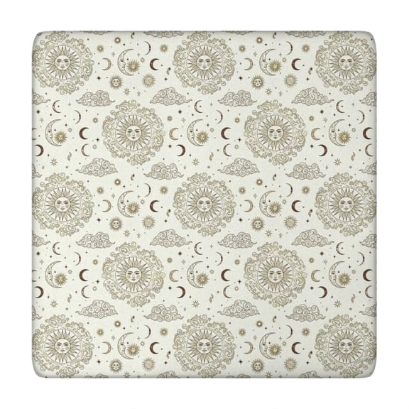 Beige Sun Moon Cloud Star Pattern Square Fitted Tablecloth with Elastic Edge,Square Table Cover,Washable Elastic Table Cover for Home Kitchen Party Decor 34"x34"