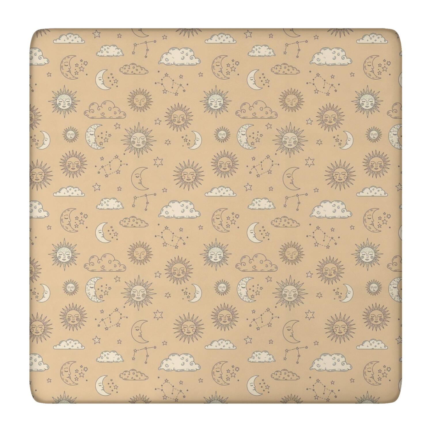 Beige Sun Moon Cloud Star Pattern Square Fitted Tablecloth with Elastic ...