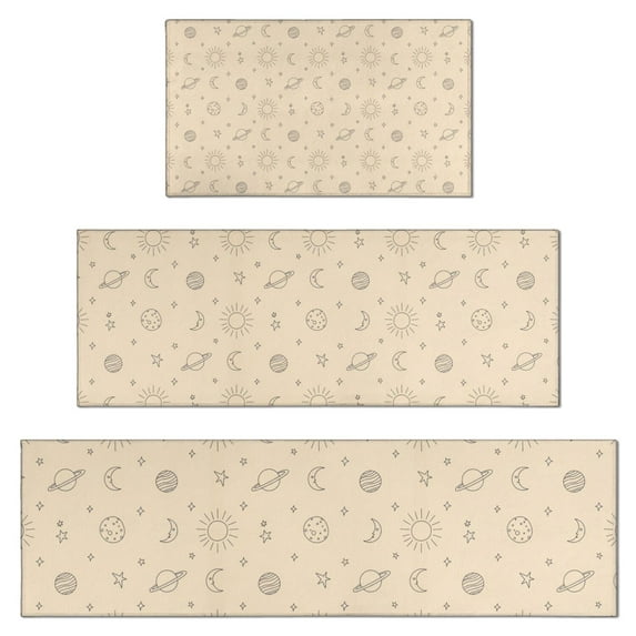 Beige Sun Moon Planet Star Pattern Kitchen Rugs Sets Of 3,Kitchen Runner Rugs Non Skid Washable,Decorative Kitchen Floor Mats for Kitchen,Sink,Laundry,17"x30"+ 17"x47" + 17"x59"