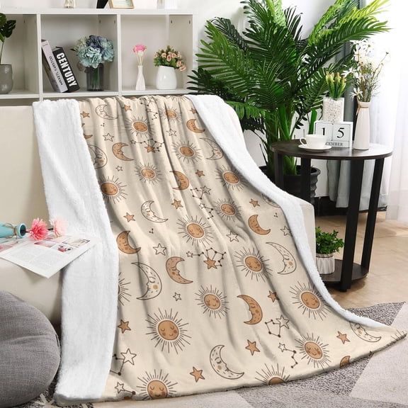 Beige Sun Moon Star Constellation Pattern Blanket,Comfortable Soft Lamb Wool Throw Blanket,All Season,Warm Lightweight Blankets for Sofa Bed Couch Living Room Chair,60"x80"