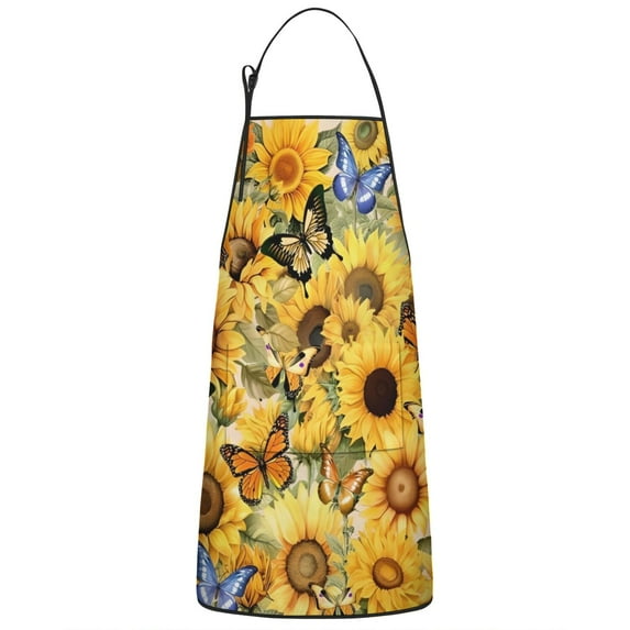 Beige Sunflower Butterfly Pattern Apron-Garden Aprons for Women with Pockets-Cotton Linen Waterproof Kitchen Cooking Gardening Aprons Adjustable for Kitchen,Cooking,BBQ and Salon 33x27 Inch