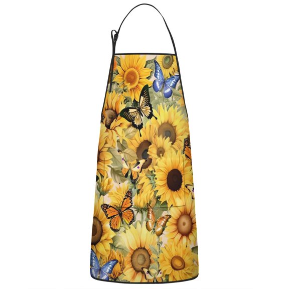Beige Sunflower Butterfly Pattern Apron-Garden Aprons for Women with Pockets-Cotton Linen Waterproof Kitchen Cooking Gardening Aprons Adjustable for Kitchen,Cooking,BBQ and Salon 33x27 Inch
