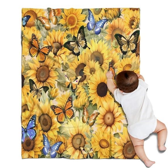 Beige Sunflower Butterfly Pattern Blanket,Comfortable Soft Lamb Wool Throw Blanket,All Season,Warm Lightweight Blankets for Sofa Bed Couch Living Room Chair,30"x40"