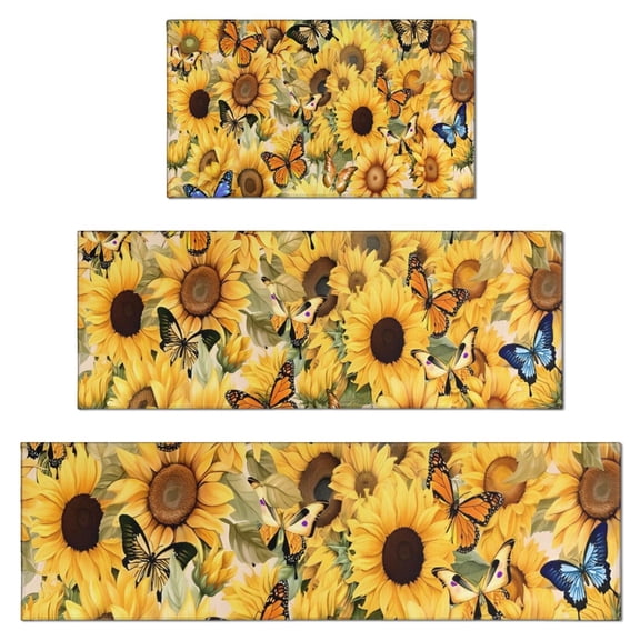 Beige Sunflower Butterfly Pattern Kitchen Rugs Sets Of 3,Kitchen Runner Rugs Non Skid Washable,Decorative Kitchen Floor Mats for Kitchen,Sink,Laundry,17"x30"+ 17"x47" + 17"x59"