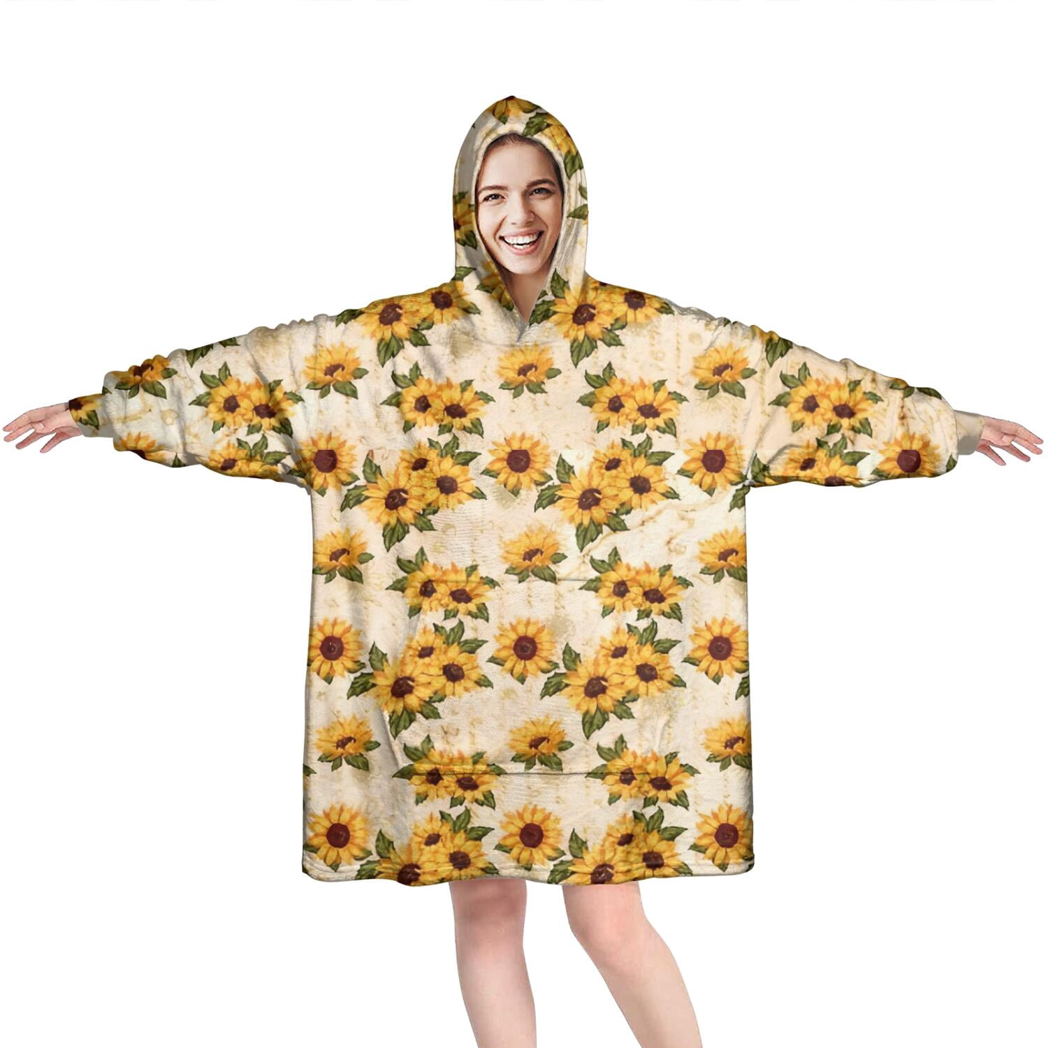 Beige Sunflower Cluster Pattern Wearable Oversized Blanket,Wearable Blanket Hoodie for Adults,Cozy Hooded Blankets with Super Pockets,Super Warm Fuzzy Pullover for Women & Men