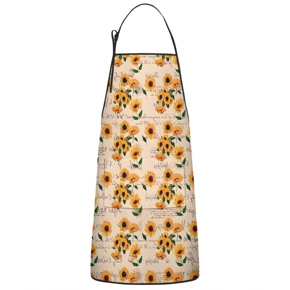 Beige Sunflower Handwriting Pattern Apron-Garden Aprons for Women with Pockets-Cotton Linen Waterproof Kitchen Cooking Gardening Aprons Adjustable for Kitchen,Cooking,BBQ and Salon 33x27 Inch