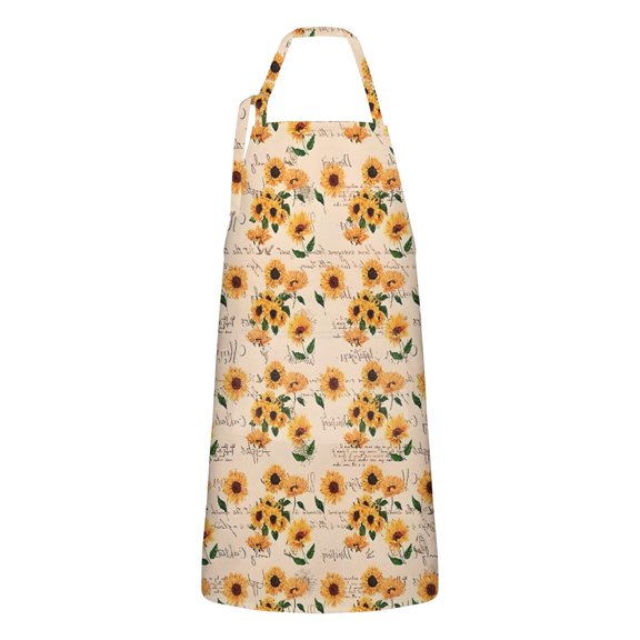 Beige Sunflower Handwriting Pattern Apron-Garden Aprons for Women with Pockets-Cotton Linen Waterproof Kitchen Cooking Gardening Aprons Adjustable for Kitchen,Cooking,BBQ and Salon 33x27 Inch