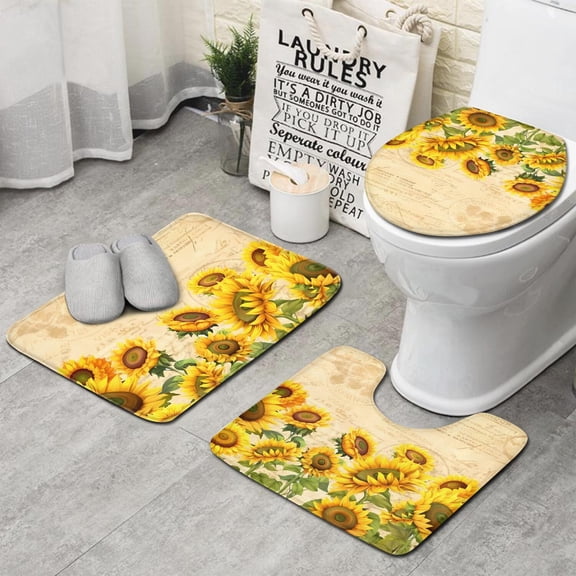 Beige Sunflower Handwriting Pattern Bathroom Rugs Sets 3 Piece,Toilet Cover Set,Absorbent Non Slip Bathroom Mats Sets with U-Shaped Contour Rug Toilet Rug Set