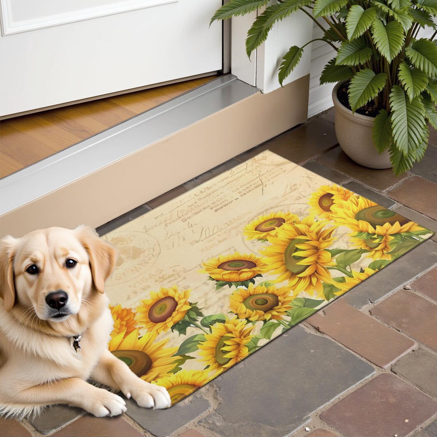 Beige Sunflower Handwriting Pattern Door Rugs,Washable Non Slip Door ...