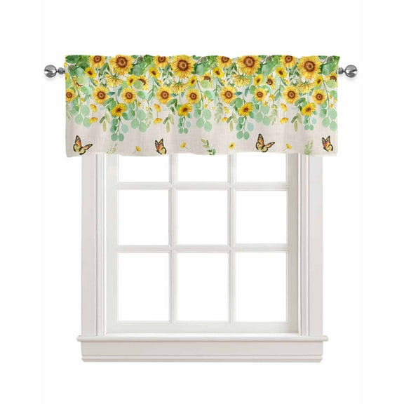 Beige Sunflower Linen Curtain Valance for Bedroom/Bathroom/Kitchen/Office/Living/Dining Room Window,Rustic Chic Greenery Eucalyptus Leaves Pocket Topper Drapes Decorative Cafe Drapery Panel 60"x18"