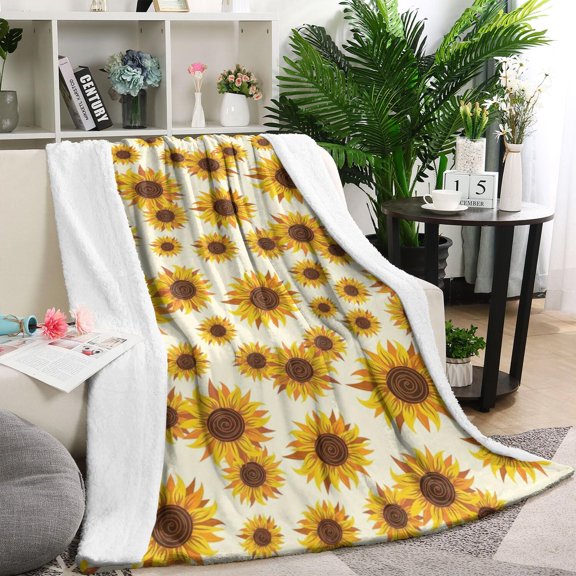 Beige Sunflower Pattern Blanket,Comfortable Soft Lamb Wool Throw Blanket,All Season,Warm Lightweight Blankets for Sofa Bed Couch Living Room Chair,40"x50"
