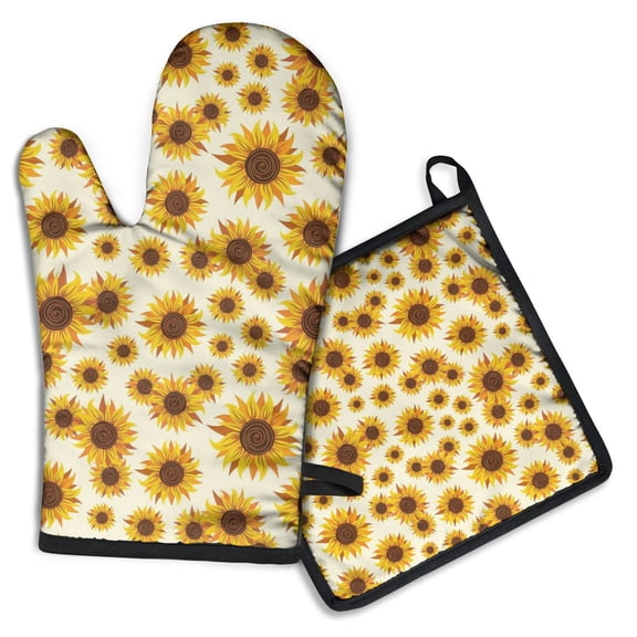 Beige Sunflower Pattern Kitchen Oven Mitt and Pot Holder Sets 2 Pcs for Baking, Cooking and Grilling, Heat Resistant Up To 392 °F