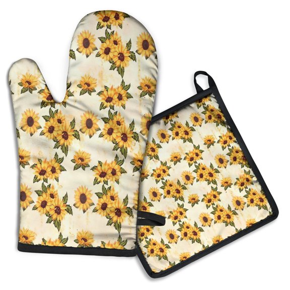Beige Sunflower Pattern Kitchen Oven Mitt and Pot Holder Sets 2 Pcs for Baking, Cooking and Grilling, Heat Resistant Up To 392 °F