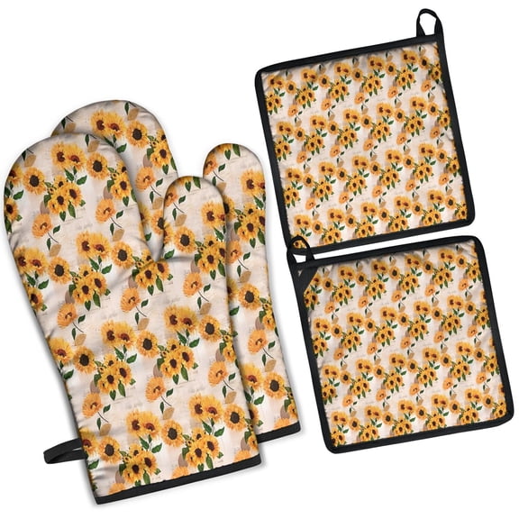 Beige Sunflower Pattern Kitchen Oven Mitt and Pot Holder Sets 2 Pcs for Baking, Cooking and Grilling, Heat Resistant Up To 392 °F