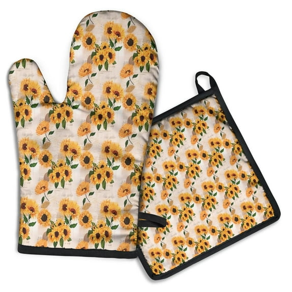 Beige Sunflower Pattern Kitchen Oven Mitt and Pot Holder Sets 4 Pcs for Baking, Cooking and Grilling, Heat Resistant Up To 392 °F