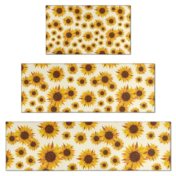 Beige Sunflower Pattern Kitchen Rugs Sets Of 3,Kitchen Runner Rugs Non Skid Washable,Decorative Kitchen Floor Mats for Kitchen,Sink,Laundry,17"x30"+ 17"x47" + 17"x59"
