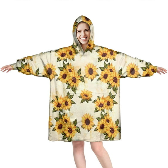 Beige Sunflower Pattern Wearable Oversized Blanket,Wearable Blanket Hoodie for Adults,Cozy Hooded Blankets with Super Pockets,Super Warm Fuzzy Pullover for Women & Men