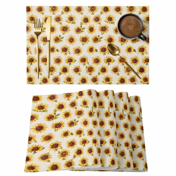 Beige Sunflowers Fall Placemats Set of 4, Thanksgiving Botanical Floral Placemats for Dining Table, Place Mats for Kitchen Tabletop, Waterproof Wipeable Dining Table Mats Set