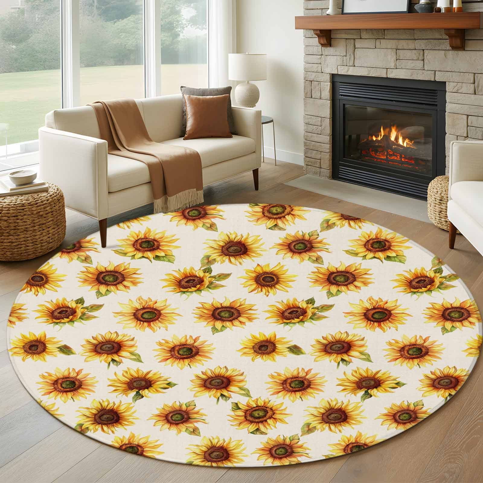 Beige Sunflowers Fall Round Rug 5ft Washable Circle Kitchen Rugs Non ...
