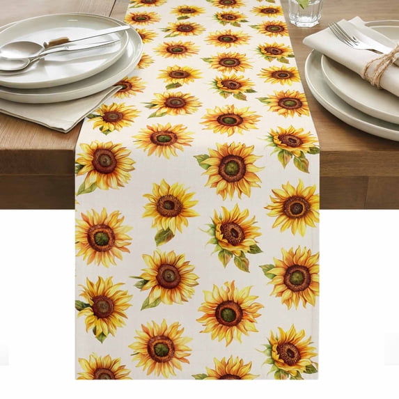 Beige Sunflowers Fall Table Runner - 90 Inch Long, Kitchen Dining Table Runner Dresser Scarves, Thanksgiving Botanical Floral Farmhouse Decor for Coffee Tables Wedding Party Banquet