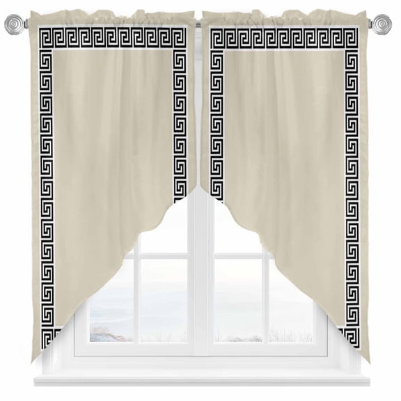 Beige Swag Valances for Windows 2 Pack Greek Chinese Style Border Geometric Swag Kitchen Curtains 36 Inches Long Rod Pocket Short Window Treatment for Kitchen Bathroom 28"x36"