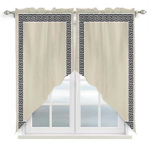 Beige Swag Valances for Windows 36 inches Long, Greek Chinese Style Border Geometric Swag Curtains Privacy Light Filtering Curtain Tiers for Kitchen Bathroom 28" W x 36" L, 2 Panels