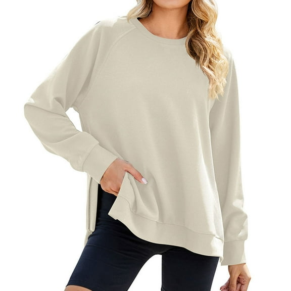 Beige Sweaters for Women Crewneck Sweatshirt for Women Loose Fit Oversized Pullover Side Slit Zipper 2023 Fall Fashion Womens Fall Fashion 2025