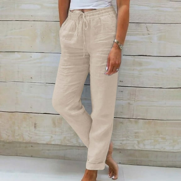 Beige Sweatpants Women's Fashionable and Casual Summer Elastic High Waisted Solid Color Cotton and Linen Loose Trousers Fashion Clothing