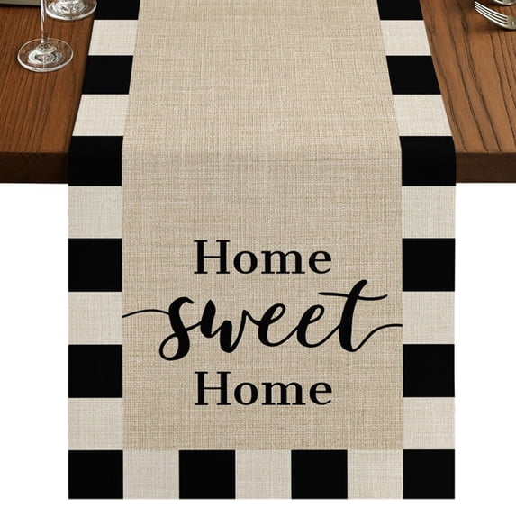 Beige Sweet Home Burlap Cotton Table Runner 13x70 Inches Long, Modern Art Black Checkered Rustic Farmhouse Table Runners, Outdoor Dining Tablecloths Decor for Baby Shower/Party/Wedding