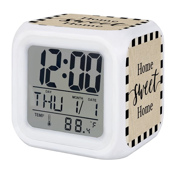 Beige Sweet Home Digital Alarm Clock for Bedrooms, Smart LED Alarm Clock with 7 Color Changing Night Light, Modern Art Black Checkered Rustic Silent Wake Up Clocks for Sleep Study Cooking 3.2"x3.2"