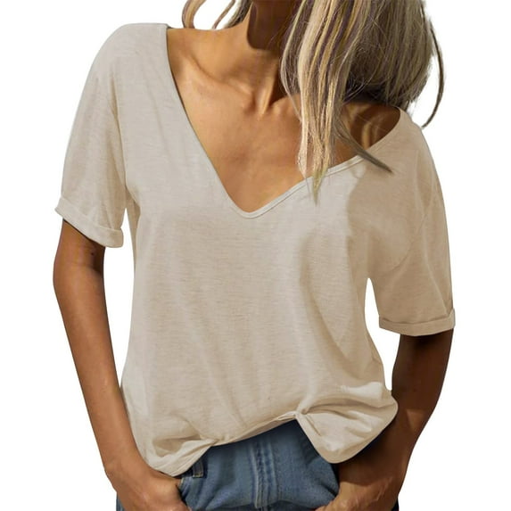 Beige T Shirts For Women's Fashion Deep V Neck Short Sleeve Top Solid Color Casual Loose Basic T Shirt Cotton