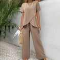 thumbnail image 1 of Beige T Shirts for Women's Two Piece Outfits Irregular Short Sleeve Crew Neck Pullover Top Elastic Waist Wide Leg Pull On Pants Set with Pockets Fashion Clothing, 1 of 6