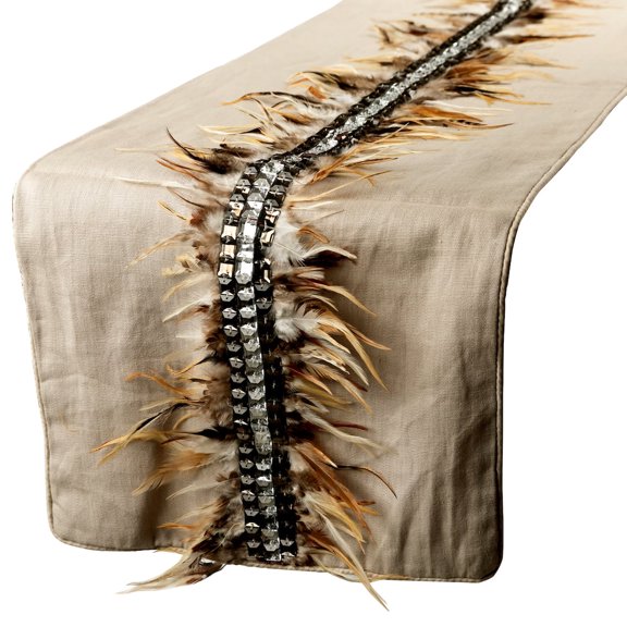 Beige Table Runner Linen Fabric with Feathers and Crystal Embroidery Beige Linen 14 x 72 inch long, Wedding Decor Table Linen Modern Table Runner - Feather Dream