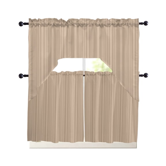Beige Tan Kitchen Curtains Set for Windows 3 Piece Cafe Curtains 36 Inch Length Swag Curtains Valances and Tier Set Farmhouse Striped Modern Artwork Drapes for Bedroom Bathroom Living Room