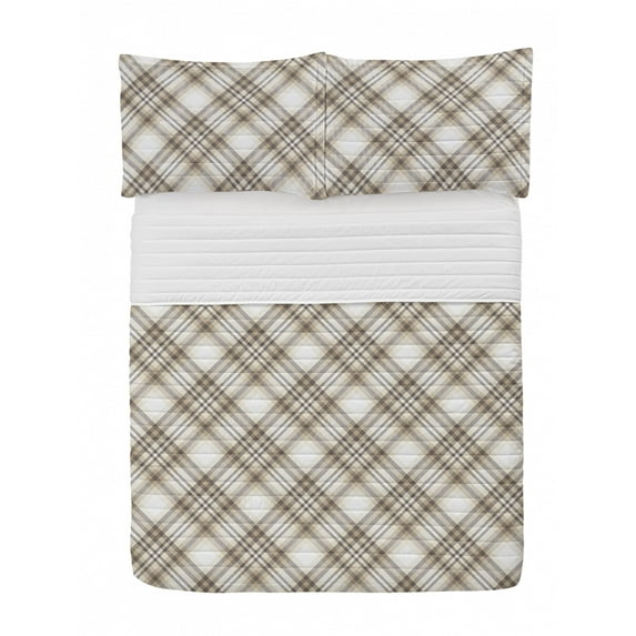 Beige Tan Microfiber Bedspread Set, Plaid Pattern in Pastel Nude Colors Traditional Scottish Style of Art, Soft Bedding Set with Pillow Shams & Comforter, 3 Sizes, Off White Dark Mustard, by Ambesonne