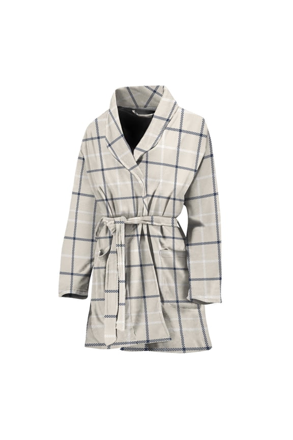 Beige Tattersall Pattern Women Bathrobe One Size Univeral Fits Fashion Lightweight Plush Fleece Long Robe For Women