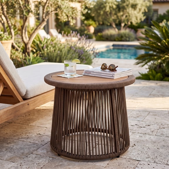 Beige,Teak Conical Dark Beige Rope Side Table, Teak Finish Acacia Wood Top, 150 Lbs Capacity, No Assembly Required, Modern Open-Weave Round Accent