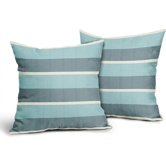 Beige Teal Blue Stripe Decorative Outdoor Throw Pillow Covers 16x16 Inch Pack of 2 Boho Farmhouse Pillow Covers Modern Pillowcase Linen Square Cushion Cover for Bedroom Sofa Couch Home Decor