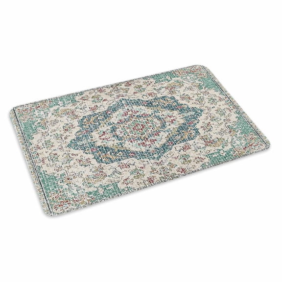 Beige Teal Boho Doormat Outdoor Entrance 16"x24", Medieval Vintage Ethnic Floral Abstract Absorb Moisture Dirt Door Mats, Non-Slip Rubber Backing Floor Mats Indoor, Low-Profile Front Door Rugs