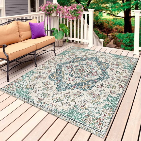 Beige Teal Boho Outdoor Rug 3x5 Ft, Non Slip Washable Area Rug, Medieval Vintage Ethnic Floral Abstract Patio Rugs Carpet Runner, Large Floor Mat for Indoor/Outdoor Deck Porch Camping