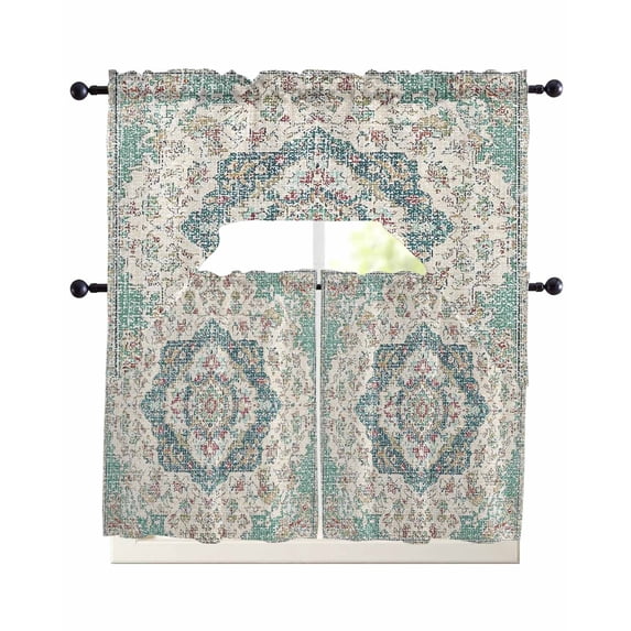 Beige Teal Boho Swag Kitchen Curtains Sets for Windows 24 Inch Length, Medieval Vintage Ethnic Floral Abstract Short Window Curtain Panels Swags Valances and Tiers 3 Piece Set for Cafe/Dining Room