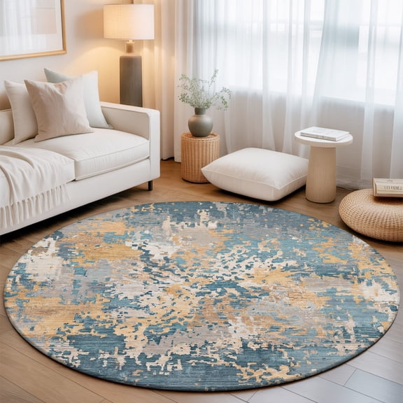 Beige Teal Copper Rust 7' Round Rug for Living Room Conversation Area, Abstract Vintage Industrial Minimalist Washable Non Slip Large Circle Area Rug
