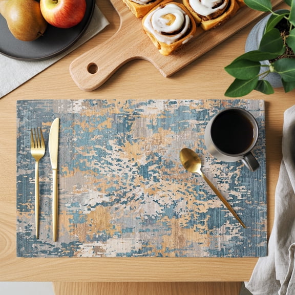 Beige Teal Copper Rust Placemats Set of 4, Abstract Vintage Industrial Minimalist Heat Insulated Linen Place Mats, Washable Stain-Proof Table Mats for Dining Tables Holiday Decor 13x19 Inches