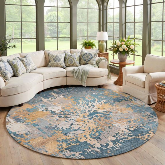 Beige Teal Copper Rust Round Area Rug Living Room 8ft, Abstract Vintage Industrial Minimalist Washable Round Rugs Non Slip Soft Carpet Low Pile Large Indoor Floor Mat for Bedroom, Dining Room